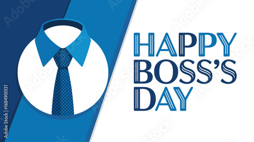 Boss’s Day graphic with shirt collar and dotted tie illustration, bold typography, and blue-white background for workplace appreciation