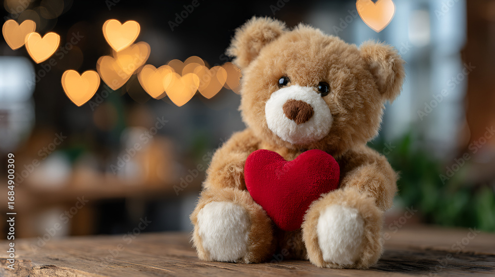 Obraz premium Adorable Plush Brown Teddy Bear Holding a Red Heart Shape. Ai Generated Images