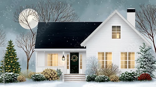 Christmas eve snowing on a cozy white suburban house with illuminated christmas tree and full moon
