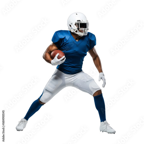 African male athlete in football uniform holding ball isolated on transparent background