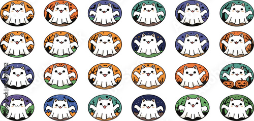 A delightful collection of cute cartoon cat ghosts in a repeating pattern for Halloween festivities