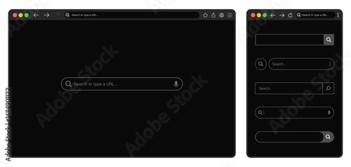 Browser window website mockup PNG with PC laptop tablet mobile frames, dark night mode UI, search bar box, vector web layout design
