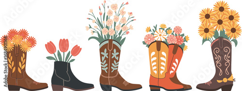 Cowboy boots with decorative flowers rustic western country style floral arrangement farmhouse vintage vector illustration set