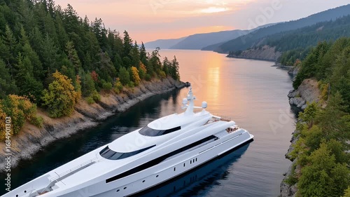 White luxury yacht sailing in calm waters of a fjord surrounded by colorful autumn trees during a beautiful sunset