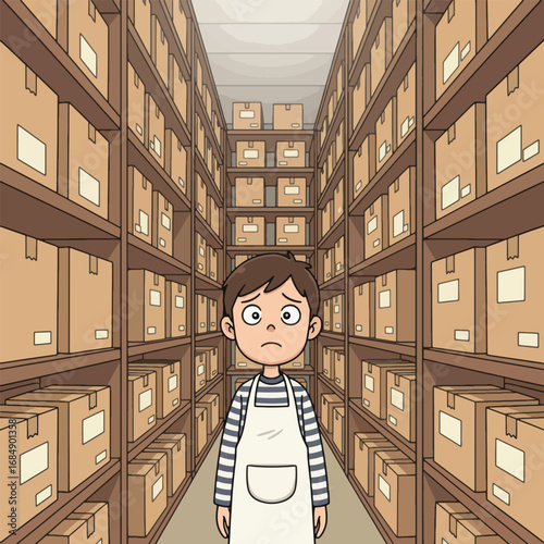 A stressed worker stands in a warehouse surrounded by boxes and shelves