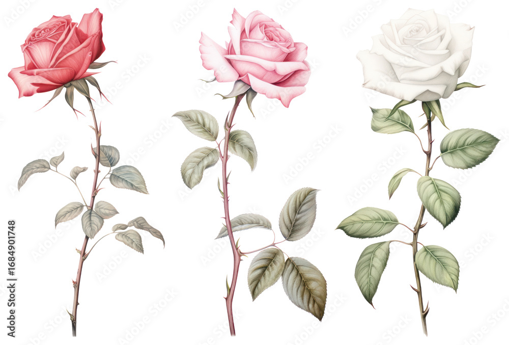 Fototapeta premium PNG Elegant roses beautifully illustrated, element set on transparent background