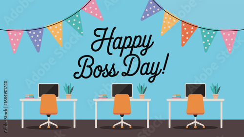 Boss’s Day office celebration illustration with desks, computers, orange chairs, potted plants, and festive pennant banners on blue background
