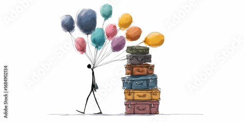 A lone figure walks a path burdened by many dark suitcases carrying a heavy load of unseen weight