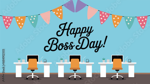Boss’s Day office celebration illustration with desks, computers, coffee mugs, pennant banners, and bold typography on light blue background
