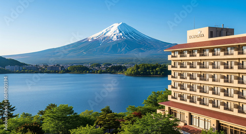 A view of mount fuji in between of Yamadaya hotel and in Lake Shoji locate at Kawaguchiko, Japan
