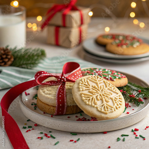 Christmas Cookies with a Snowflake Design and Red Ribbon

