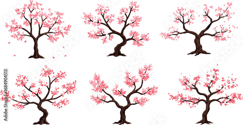 Set of blooming cherry blossom trees with pink flowers, perfect for spring season, nature design, floral decor, and landscape elements.