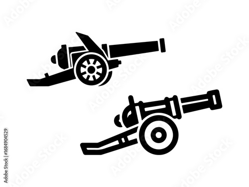 Two stylized black silhouette illustrations of historical cannons with wheels on a clean white background representing warfare and history