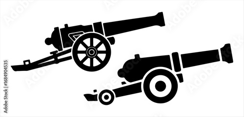 Two vintage black silhouette cannons on white background representing historical artillery and military warfare equipment