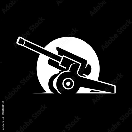 Stylized silhouette of a vintage artillery cannon aimed towards a large full moon against a black background