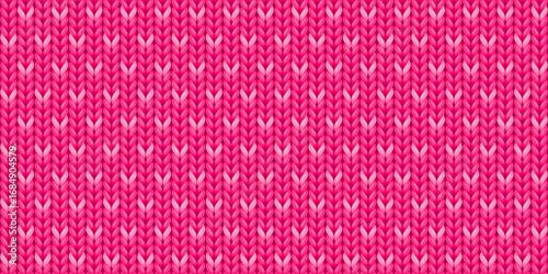 Seamless pattern of wool knitting with hearts, pink sweater texture. Valentines day background of knitwear cloth fabric, material of woven wool or cotton yarn for clothes or plaid, vector illustration