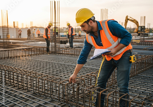 Civil engineer conducting a quality control inspection of a steel rebar foundation at a construction site during sunset