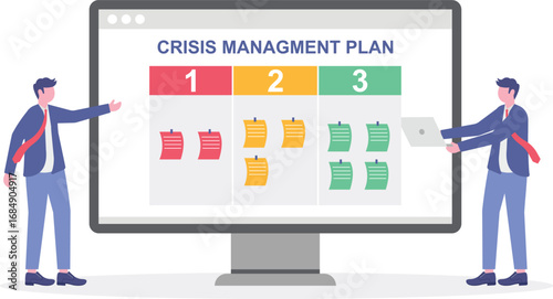 Vector illustration of colleagues preparing crisis management plan with sticky notes on whiteboard emergency response
