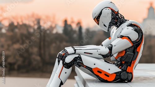 White and Orange Robot Sitting Pensively at Dusk