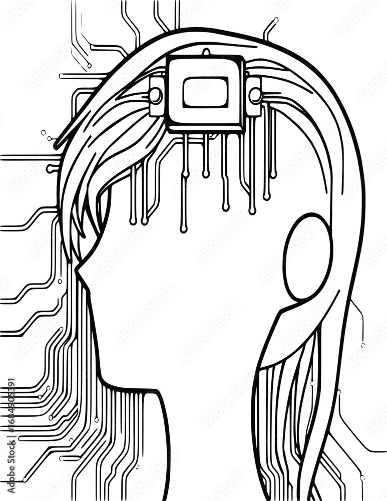 Obraz premium Line art of human head and hair forming processor circuit 