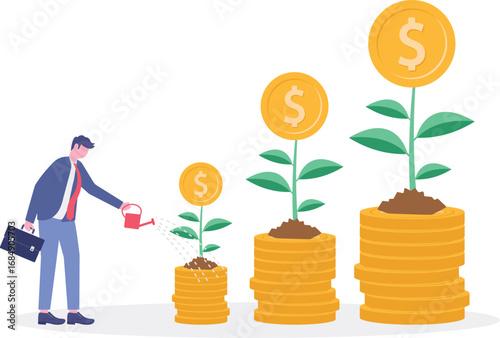 Businessman watering tree with coins as leaves concept financial growth investment nurturing and sustainability
