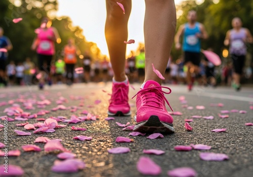 walking on the street, A close-up of a runner's foot stepping onto a vibrant path decorated with pink petals in a sunny outdoor setting. Breast Cancer, Breast Cancer Awareness