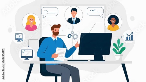 A project manager leading a remote team in a virtual meeting.