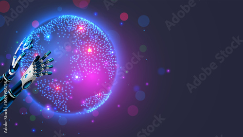 Planet Earth is in the hands of Artificial Intelligence or AI. A robot or cyborg holds the Earth in his hands. HUD interface of a virtual globe in cyberspace. AGI or AI conceptual illustration.
