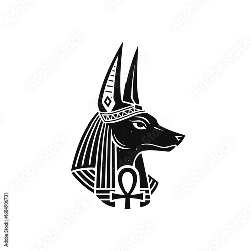 Anubis Ancient Egyptian God Jackal Head with Pharaoh Headdress and Ankh Symbol