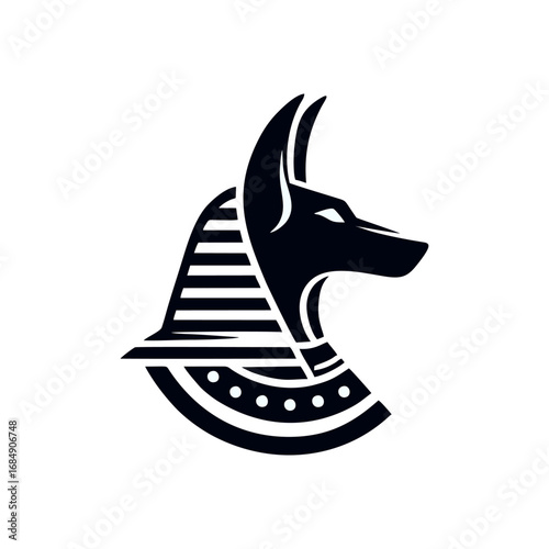 Anubis Egyptian God Logo Icon. Stylized jackal head with ancient nemes headdress and broad collar, a symbol of Egyptian mythology and culture.