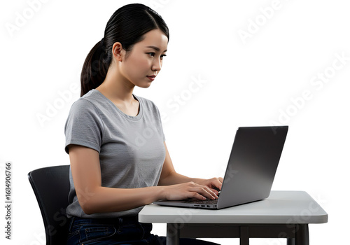 Focused Japanese Woman Working on Laptop - Horizontal - Transparent Background