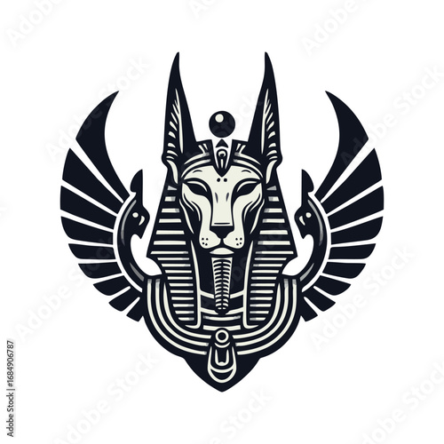 Stylized Anubis Head Icon with Wings and Egyptian Headdress - Ancient God Symbol Vector Art