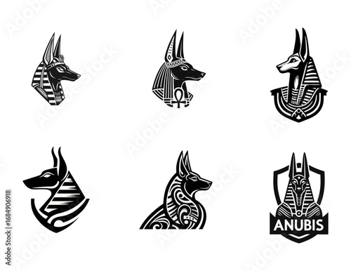 Set of Anubis Head Logos and Symbols, Ancient Egyptian God of the Dead, Black and White Graphic Design Elements