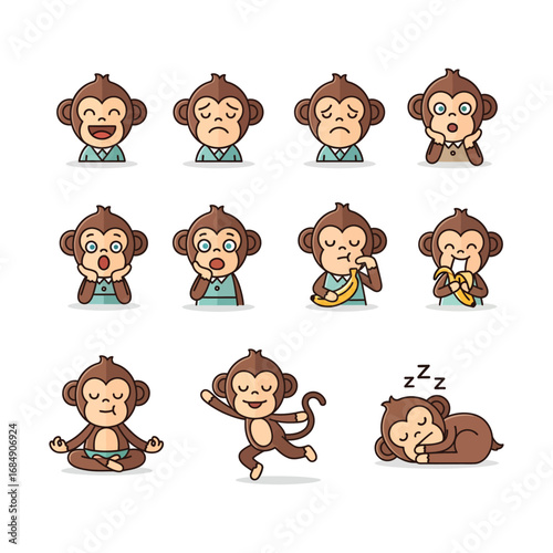 A set of twelve Cute cartoon monkey avatars with various expressions for social media or app design