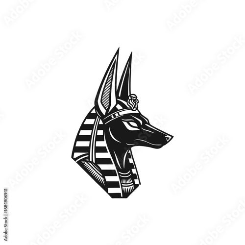 Anubis Head Illustration. Ancient Egyptian God with Jackal Head, Black and White Vector Icon.