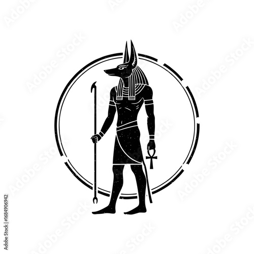 Anubis Egyptian God Silhouette with Staff and Ankh in Grunge Circle Frame