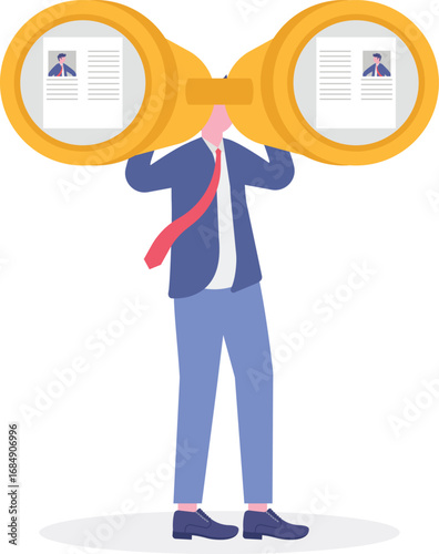 Recruiter using binoculars to look at candidate profiles long-range search detailed observation distant talent acquisition focused recruitment


