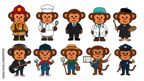 Cute cartoon monkeys in various professions, including firefighter, chef, doctor, artist, musician, mechanic, farmer, teacher, businessman, and police officer.