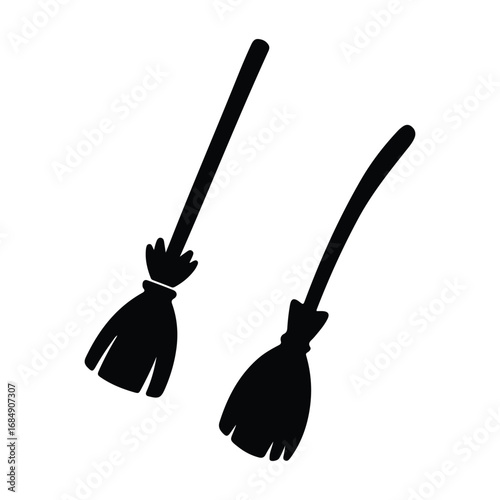 This vector illustration of cleaning tools features a broom, dustpan, and mop with a bucket on a white isolated background