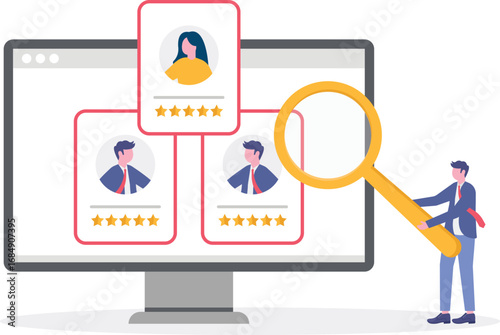 HR recruiter analyzing candidate with magnifying glass in flat design
