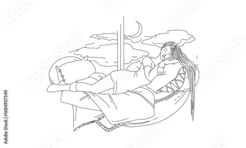 Peaceful Night's Rest – Minimalist Line Art of Sleeping Scene with Moon and Clouds
