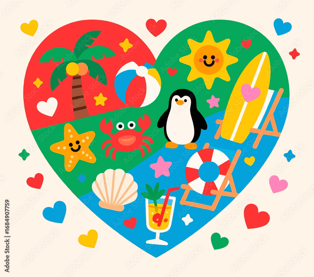 Fototapeta premium Beach Paradise Heart: Tropical Vibes, Penguins, and Summer Fun