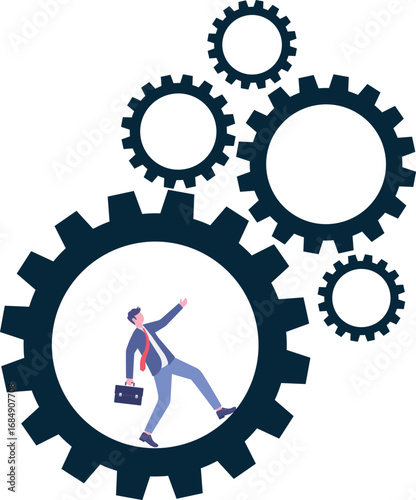 Businesswoman pushing giant gear to keep company running concept operational efficiency teamwork and productivity
