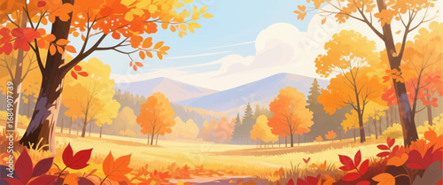 Autumn Forest Trail with Golden Leaves and Mountain View