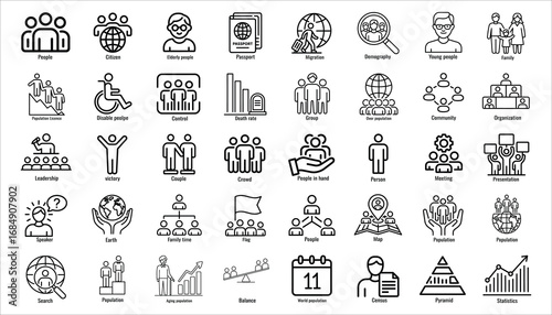 Population and Demography Icons Set People, Family, Migration, Census, Statistics