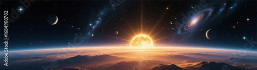 Cosmic Sunrise Over Mountain Range with Galaxies