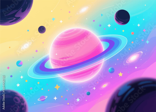 Colorful Cosmic Planet Illustration with Stars and Galaxies