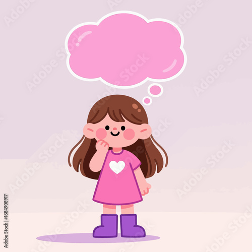 Daydreaming Girl in Pink Dress with Thought Bubble