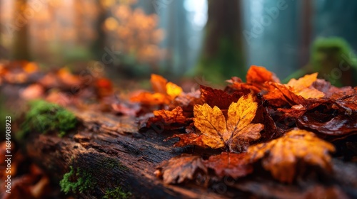 A close-up view of vibrant autumn leaves scattered on a wet log, creating a picturesque scene that captures the essence of fall in a tranquil forest setting.