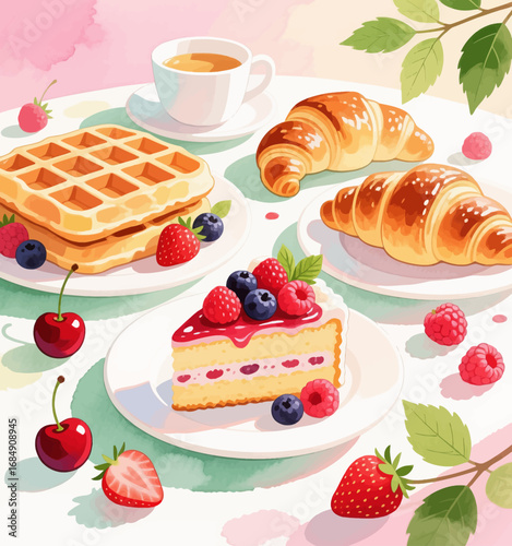 Delightful Breakfast Spread with Pastries and Fruits